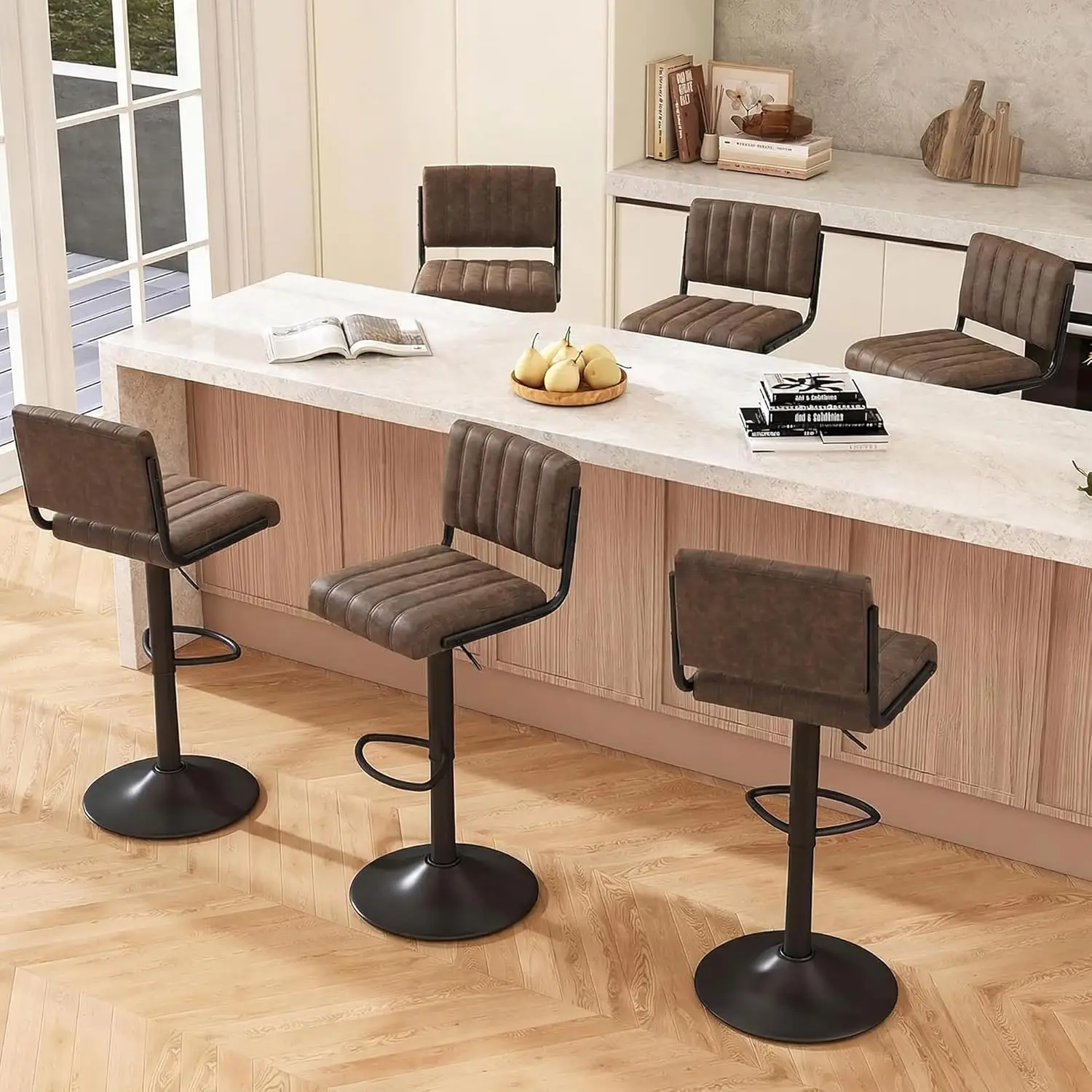 

Набор из 6 барных стульев, вращающиеся барные стулья с обивкой из искусственной кожи, регулируемая высота 25,2-33,5 дюймов, со спинкой, на заказ