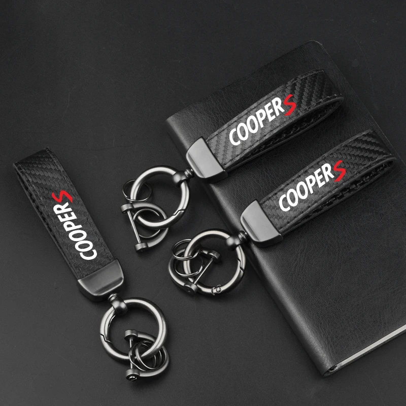 Leather Carbon Fiber Car Ring Keychain Trinket Zinc Alloy Keyrings Rotate For Mini Cooper S One JCW R55 R56 R50 R53 R60 F55 F56