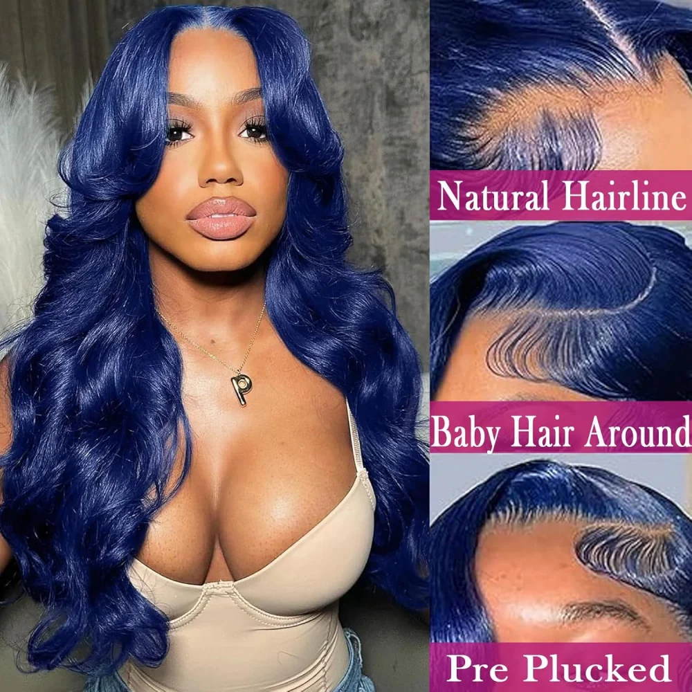 Wig Rambut Asli Transparan HD Biru Dongker 13X6 Body Wave Lace Frontal Pre Plucked Berwarna Biru Royal 13X4 Lace Front Sedang Diskon