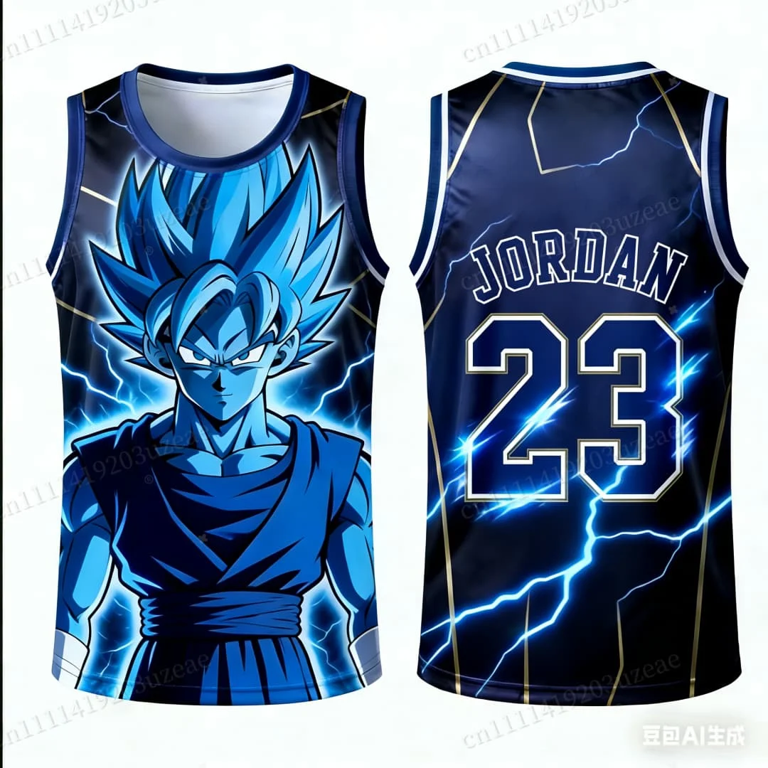 Camiseta de baloncesto Dragon Ball Super Goku Blue Lightning 23 Jordan para hombre, camiseta sin mangas con gráfico de Anime, ropa deportiva de calle