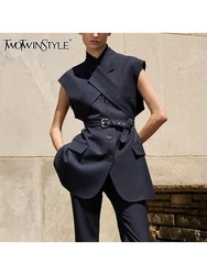 TWOTWINSTYLE Solid Spliced Belts Slimming Chic Waistcoats For Women Lapel Sleeveless Tunic Temperament Top Female Fashion New