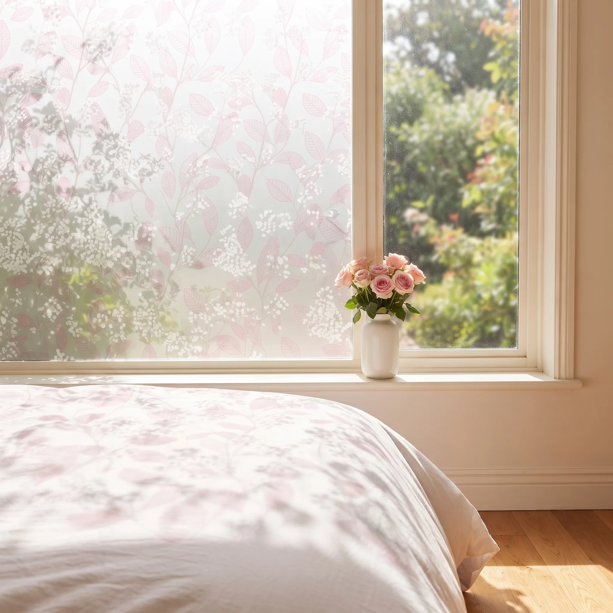 Pink Leaf & White Flower Self-Adhesive Floral Window Film - Frosted Glass Privacy Decorative Tint for Bathroom & Bedroom