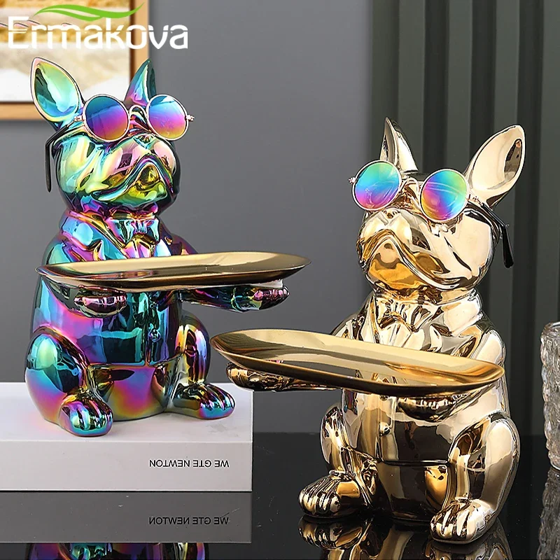 

ERMAKOVA Nordic French Bulldog ceramics Sculpture Dog Figurine Statue Key Jewelry Storage Table Decoration Gift With Plate Glass