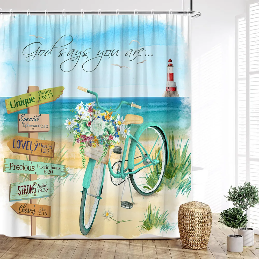 Seaside Shower Curtain, Bicycle Beach Lighthouse Farm Floral Planks Seagulls Sailboats Ocean Waves Prints Family Bathroom Decor