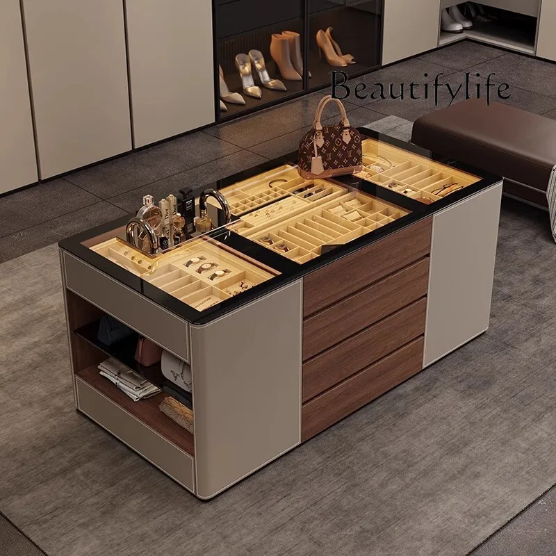 Medieval jewelry storage display cabinet, bedroom cloakroom, mid-island cabinet, modern simple solid wood saddle leather locker