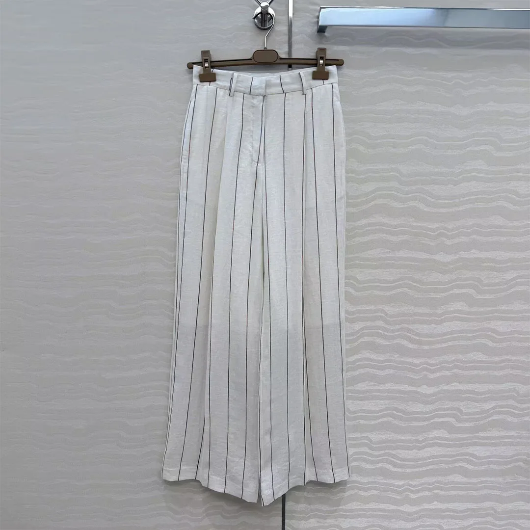 Luxury Old Money Style 100% Linen Wide Leg Suit Pants Women High Waist Vertical Stripes Pattern Loose Fashion Elegant Trousers
