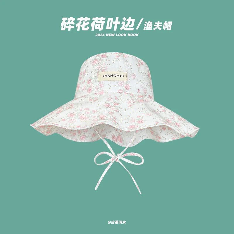 

Japanese Mori Sweet Floral Bucket Hats Spring and Summer Travel Versatile Show Face Small Sun Protection Big Brim Women's Caps