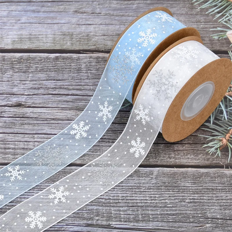 Christmas Snowflake Wired Ribbon, Edge Ribbon for Tree Gift Wrapping Bow, DIY Craft, 2.5cm