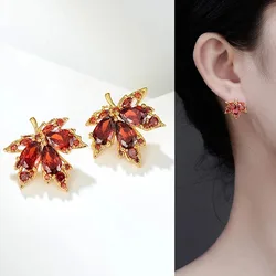 2024 New Niche Fashion Red Maple Leaf Earrings Women's Light Luxury Earrings Retro Simple Crystal Earrings JewelryGiftsWholesale
