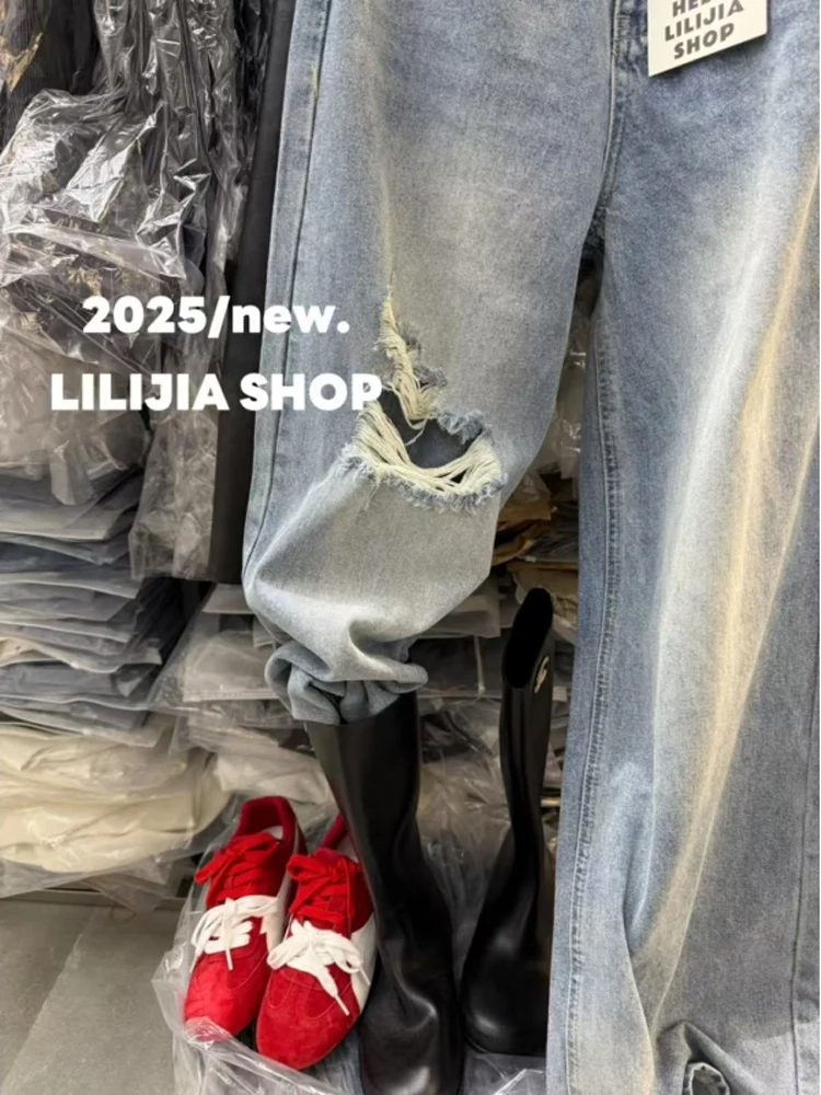 Frühling Sommer 2025 Dongda Gate High-Waist Wide-Leg Jeans mit Einzelschlitz, gerader Schnitt, vielseitige Damen-Denim-Hose