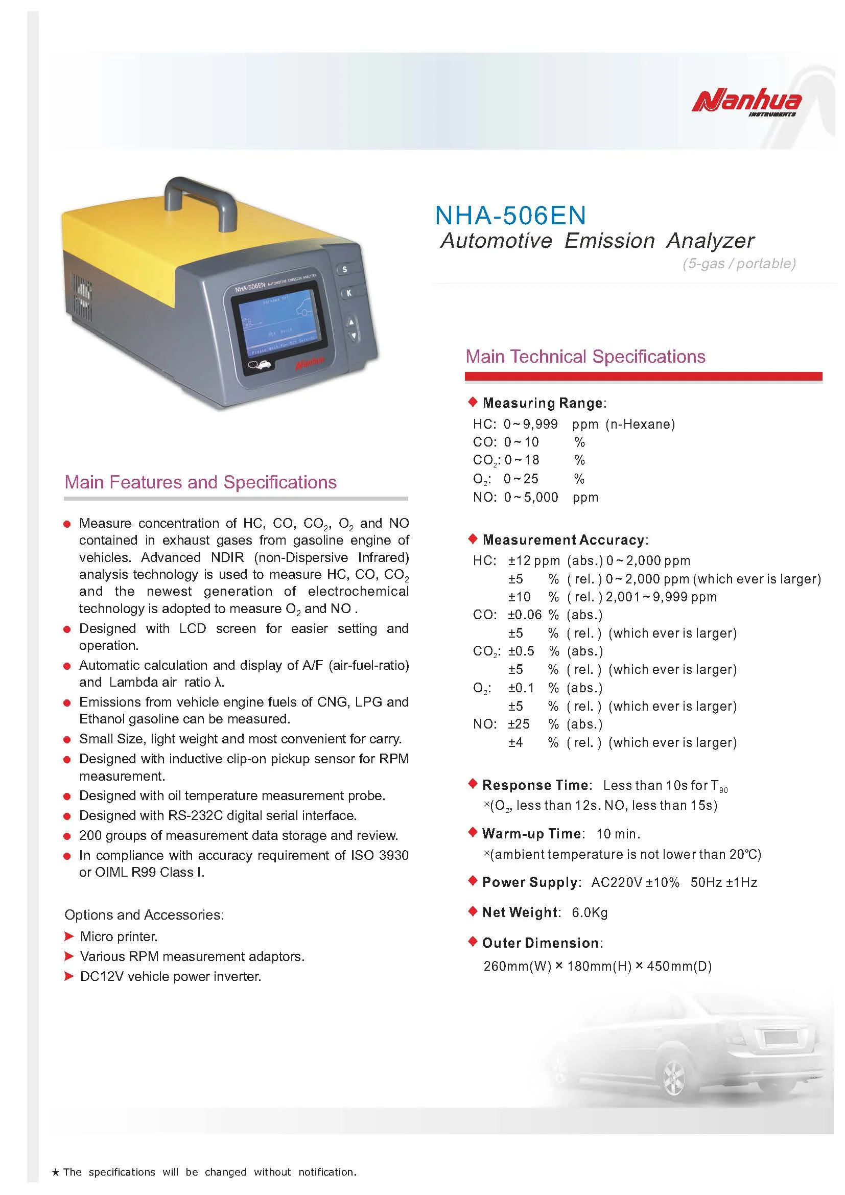Portable Engine Exhaust Analyzer HC/CO/CO2/O2/NO 5-Gas -506EN Universal Cars 110V/220V Automotive Emission Tester 500W