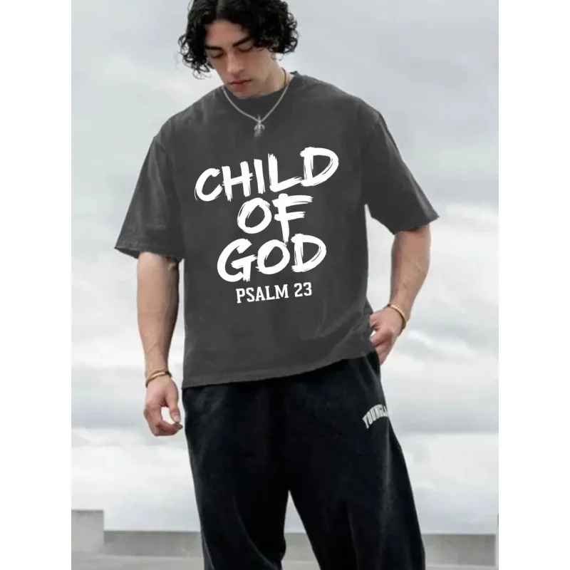 

Men's Washed T-Shirt Dark Gray Child of God Psalm 23 Printed Pattern & Text High Quality 100% Cotton 230g