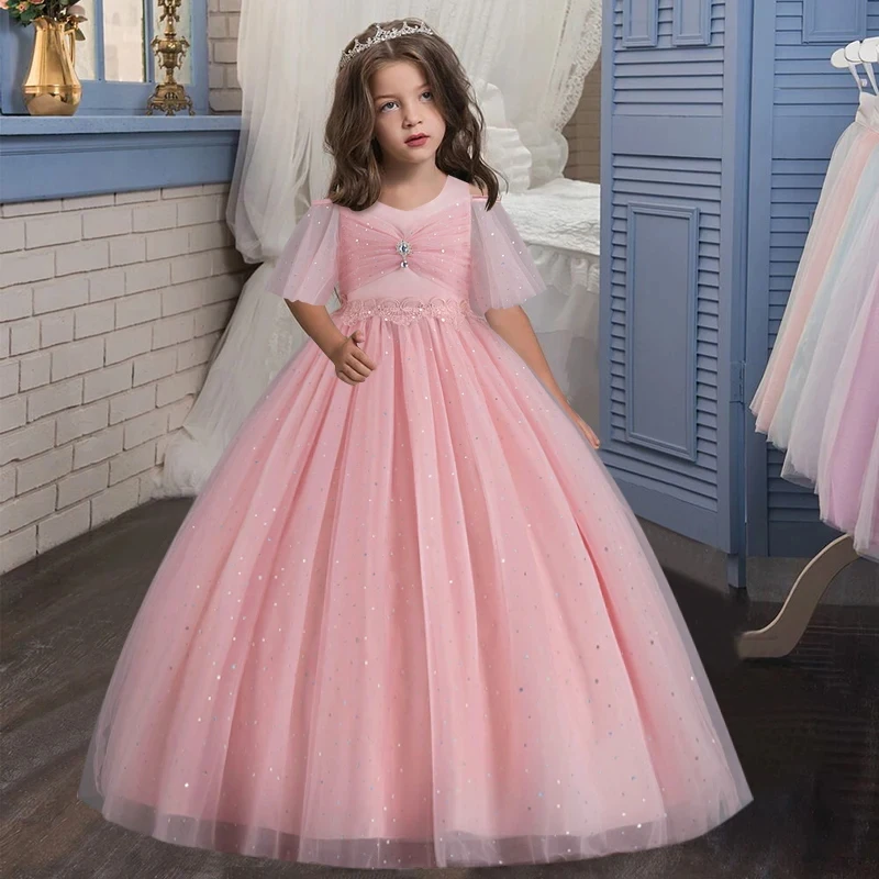 4-14Y Lace Teenagers Kids Girls Wedding Long Dress elegant Princess Party Pageant Christmas Formal Sleeveless Dress Clothes