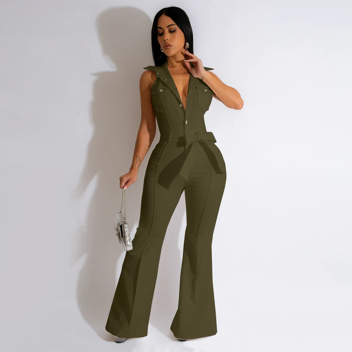 Mode Elegante Mouwloze Cargo Jumpsuit Dames 2023 Zomer Kantoor Revers Kraag Knoop Riem Slanke Wijde Pijpen Romper Straat Overalls