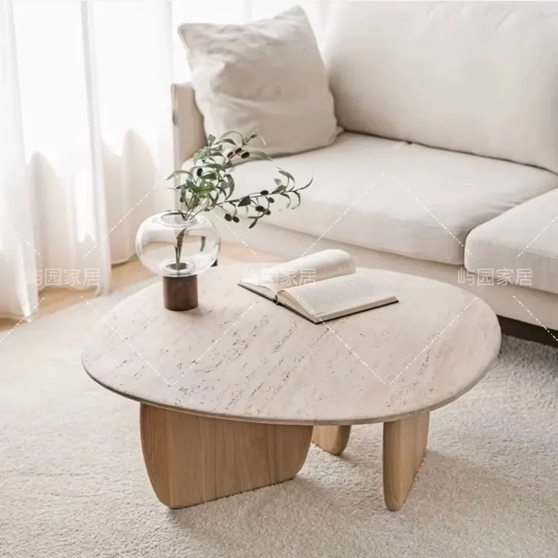 for Tea Solid Wood Balcony Round Coffee Table Natural Travertine Simple Homestay Rough Stone Side Table