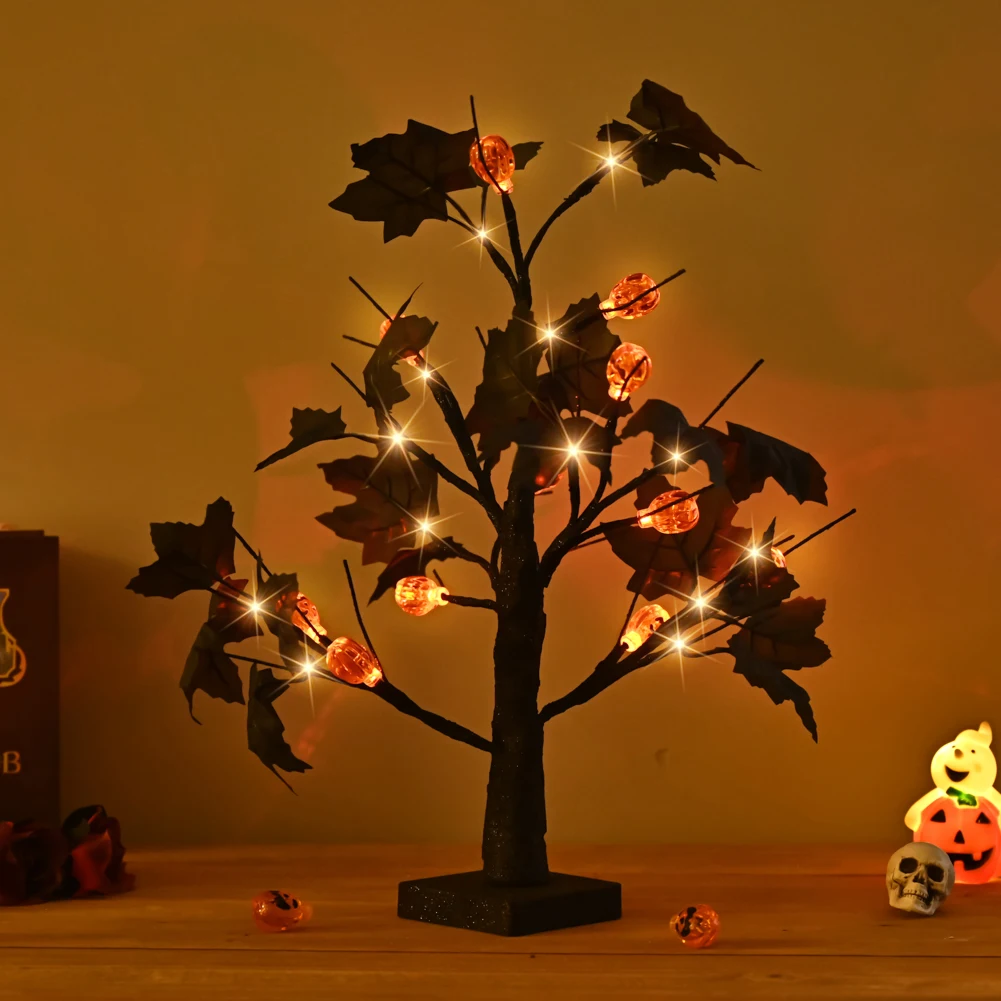 24 LED برتقالي مضاء للهالوين شجرة البتولا الاصطناعية الخفيفة DIY فروع سوداء أضواء الطاولة هالوين مخيف