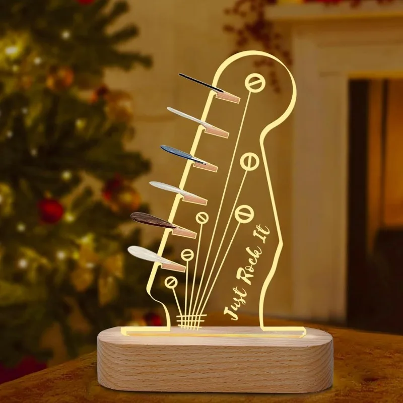 ﻿ Light Up Guitar Pick Holder LED Headstock Shaped Wooden Acrylic Holder USB Powered for Guitar Pick Storage Guitar Accessories