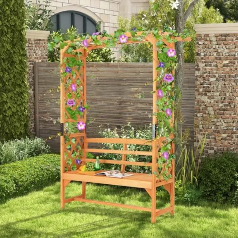 Wooden patio garden arbor with bench and side trellises for outdoor relaxation, natural wood finish, durable cedar construction