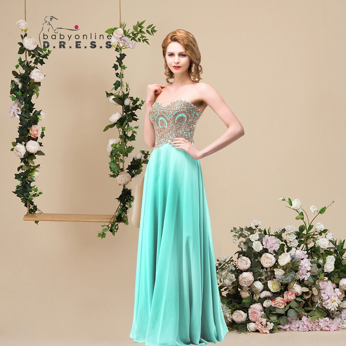 BABYONLINE Mint Green Bridesmaid Dresses Maxi Floor Length Mermaid Gown Elegant Gold Appliqué Bodice Chiffon Skirt Wedding Party