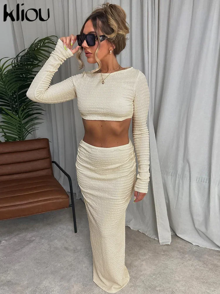 kliou Autumn Women Two Piece Set Elegant Casual Solid Long Sleeve Crop Tops+Hip Skirt Matching Outfit Office Lady Softy Clothing