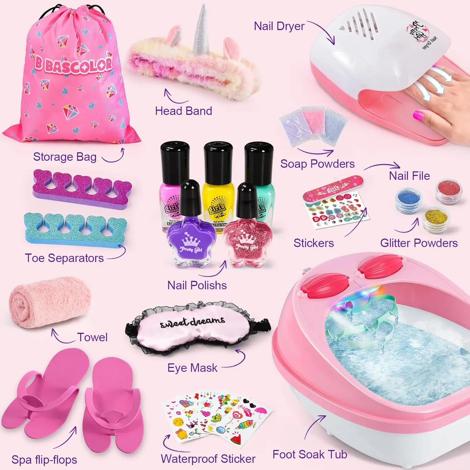 Set di kit per pedicure e unghie per bambini, giocattolo per il giorno della spa per ragazze con vasca da massaggio, asciuga unghie, regalo per salone d'arte per manicure e pedicure per età 5-12 anni