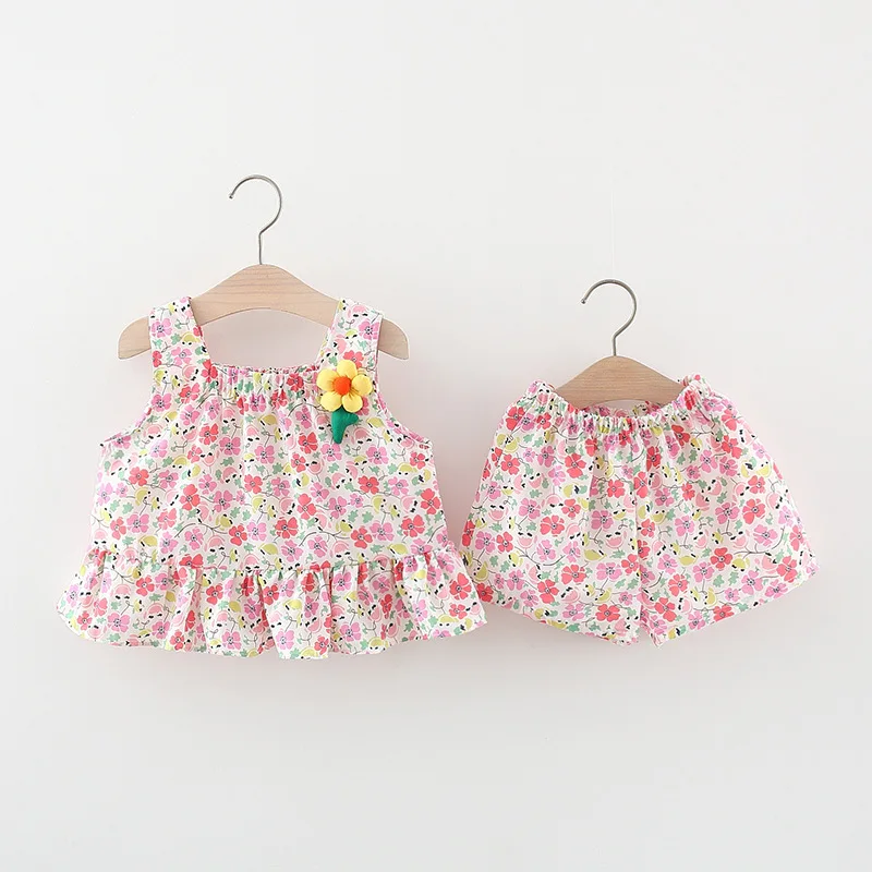 

Summer New Two Piece Set For Girls With Flower Decoration Light And Thin Slim Sling Strap Shorts Sleeveless Sweet Vacation Cloth