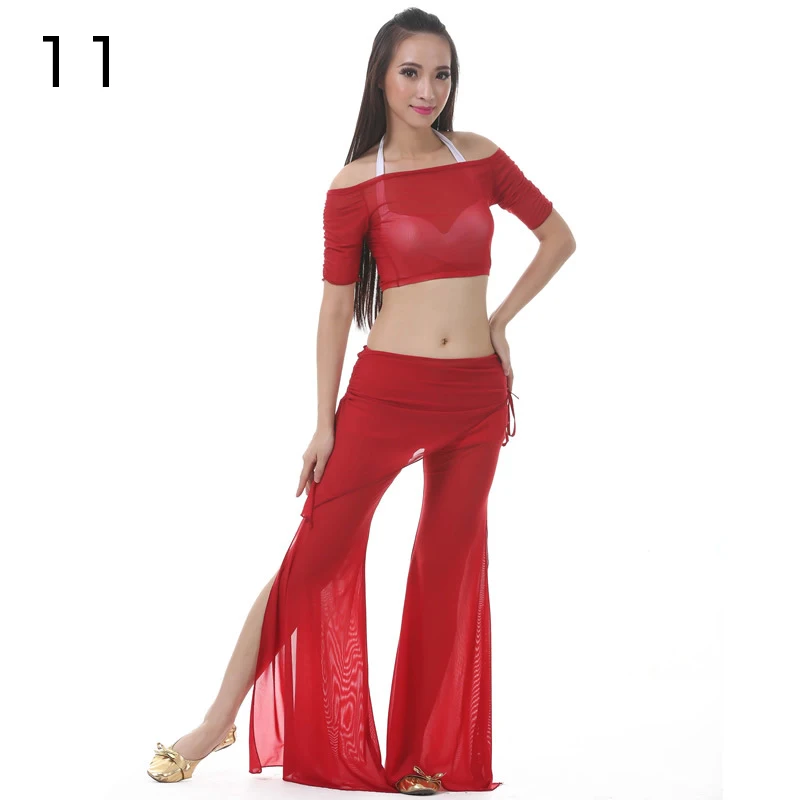 Women Belly Dance Leotards Tops + Split Pants Suit Sexy Transparent Belly Dance Gauze Mesh Tops Lady Belly Dancing Wear Outfit