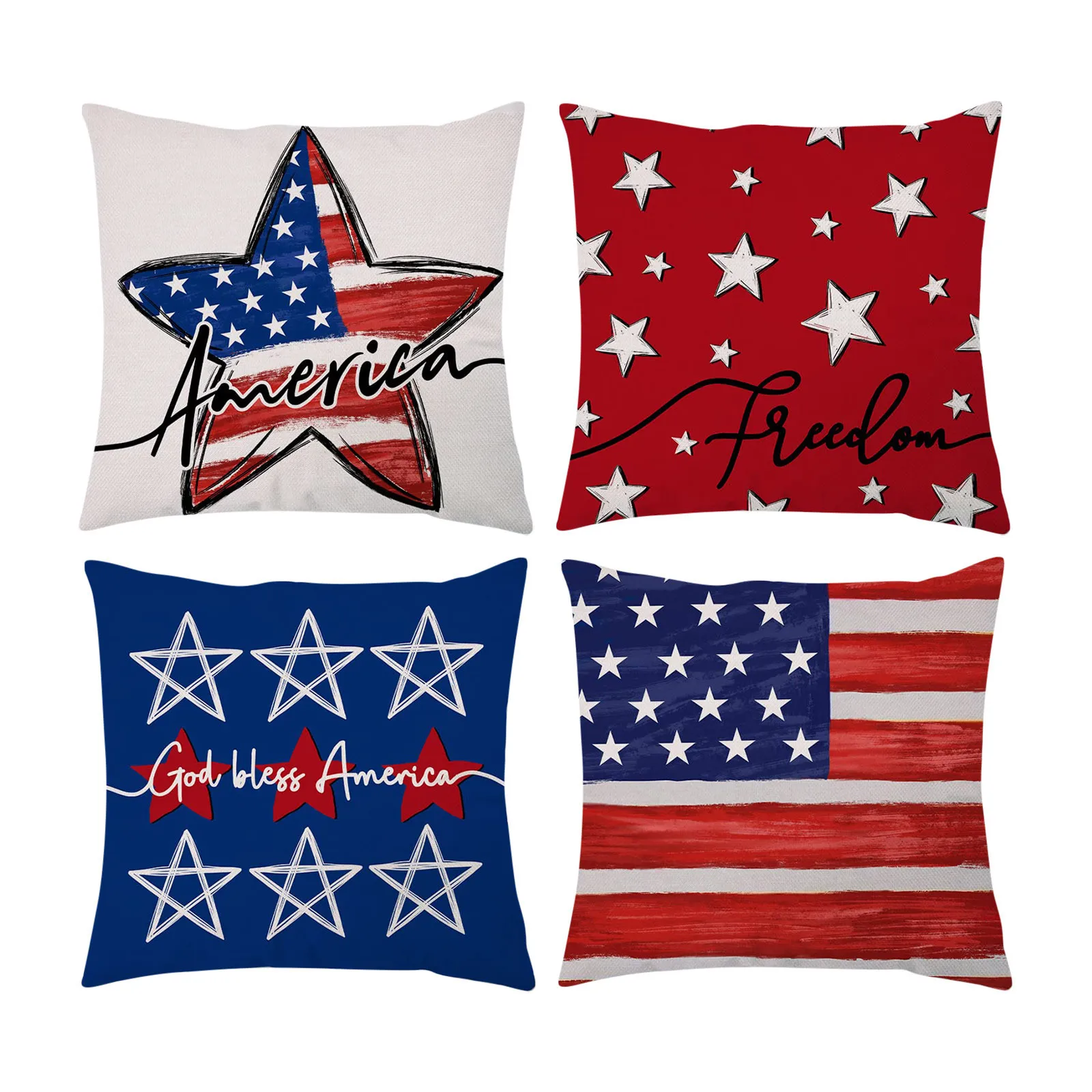 4PC Square Pillow Case USA 250th Independence Day American Flag Stars and Stripes Printed Home Bedroom Sofa Decor Cushion Covers