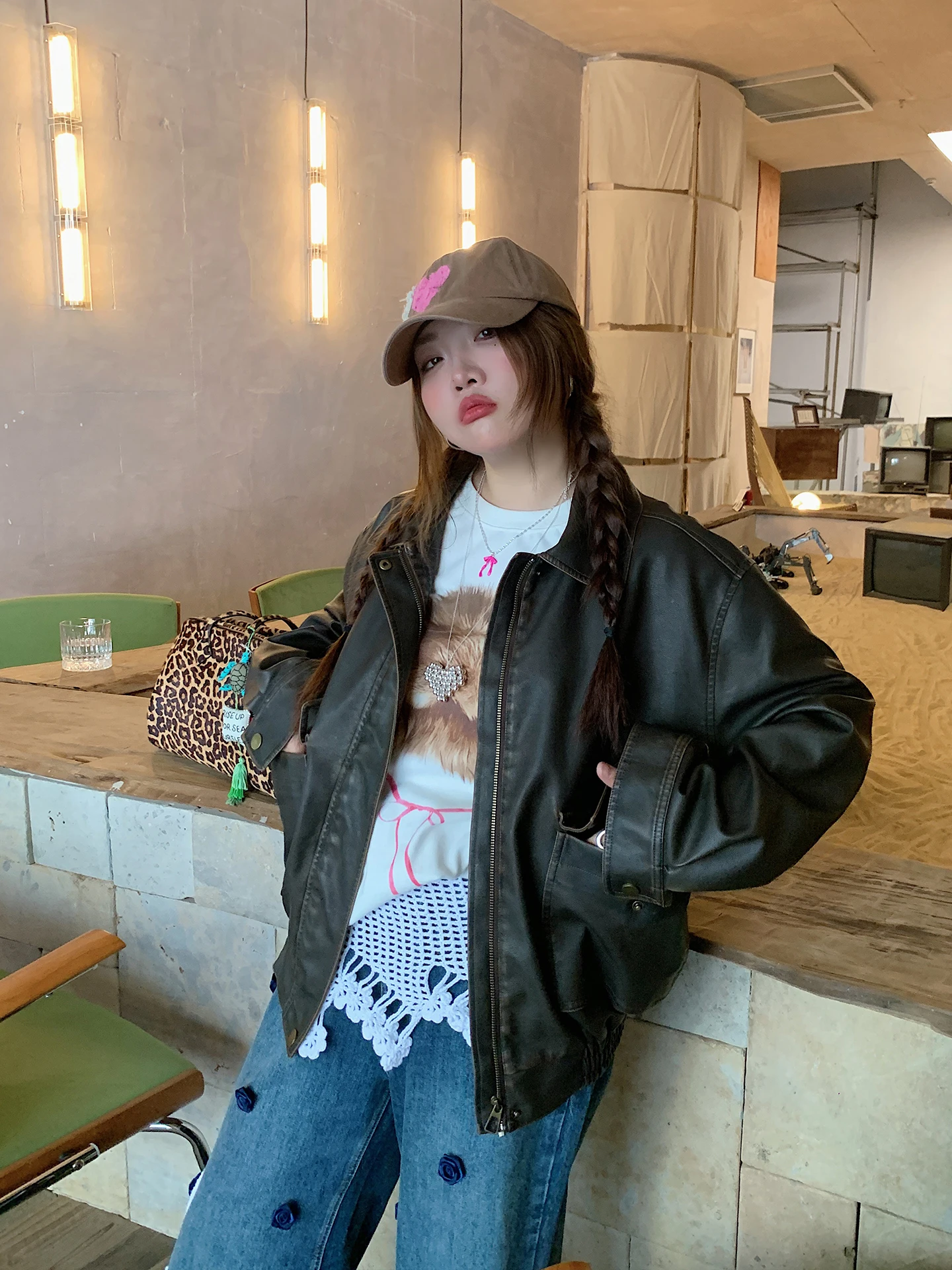 

Cool Leather Jaet Women's Retro American Sle ort Coat Spring Autumn Large Size PU Leather Straight Tube Sle