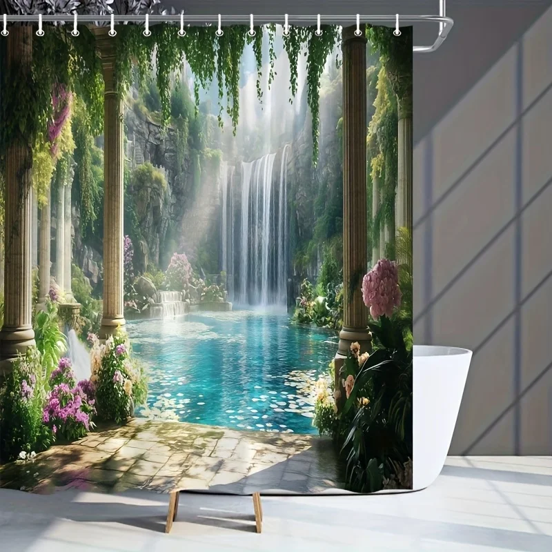 1pc Waterfall Graphic Print in Garden Shower Curtain - Scenic Bathroom Decor with Vibrant Floral and Turquoise Pool Design, Incl