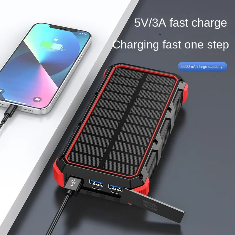 36800mAh Fast Charging Solar Power Bank with Built-in Line Flashlight Wireless Charging Mobile Power Light Camping Solar Charger