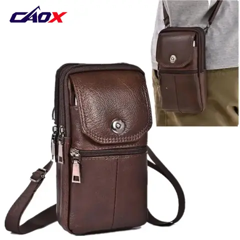 CAOX Men's Messenger Bag Cowhide Leather Bag Mobile Phone Pouch Men Wallet Small Travel Waist Bag Male Multi-Pockets Chest Bag