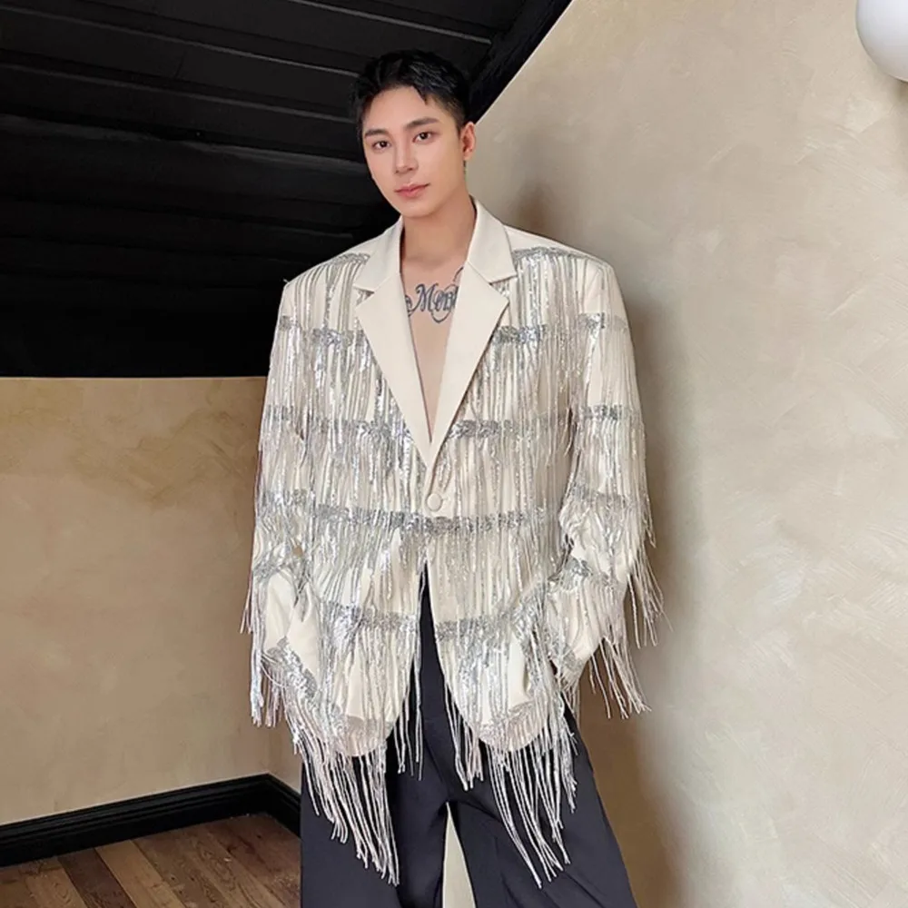 

Fashion Show Men's Sequins Tassel Blazer Loose Coat Oversize Fringe Suit Jackets for Male Singer Stage Party Performance Tuxedo