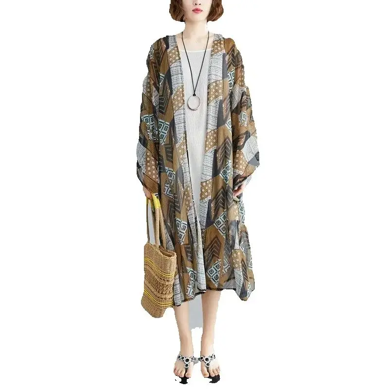 2025 ฤดูใบไม้ผลิ/ฤดูร้อนผู้หญิงขนาดใหญ่Slimmingพิมพ์Beach COVER-Upเสื้อยาว-ครีมกันแดดผ้าคลุมไหล่Tunic TOP G122