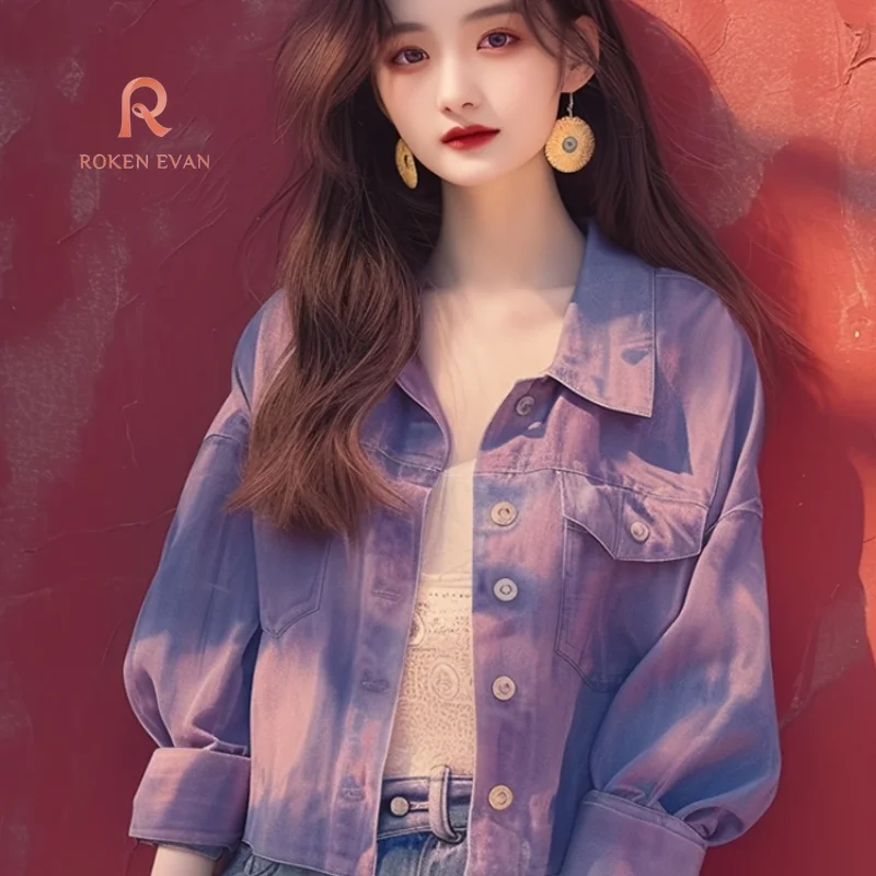 

ROKEN EVAN 2024 Autumn Women Purple Colorful Fashion Korean Style Cool Coat Casual Denim short Jacket Women Long Sleeve