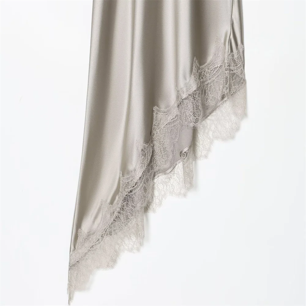 Herbst Neue Damenmode Sexy Spitze Detail Satin Textur Kleid