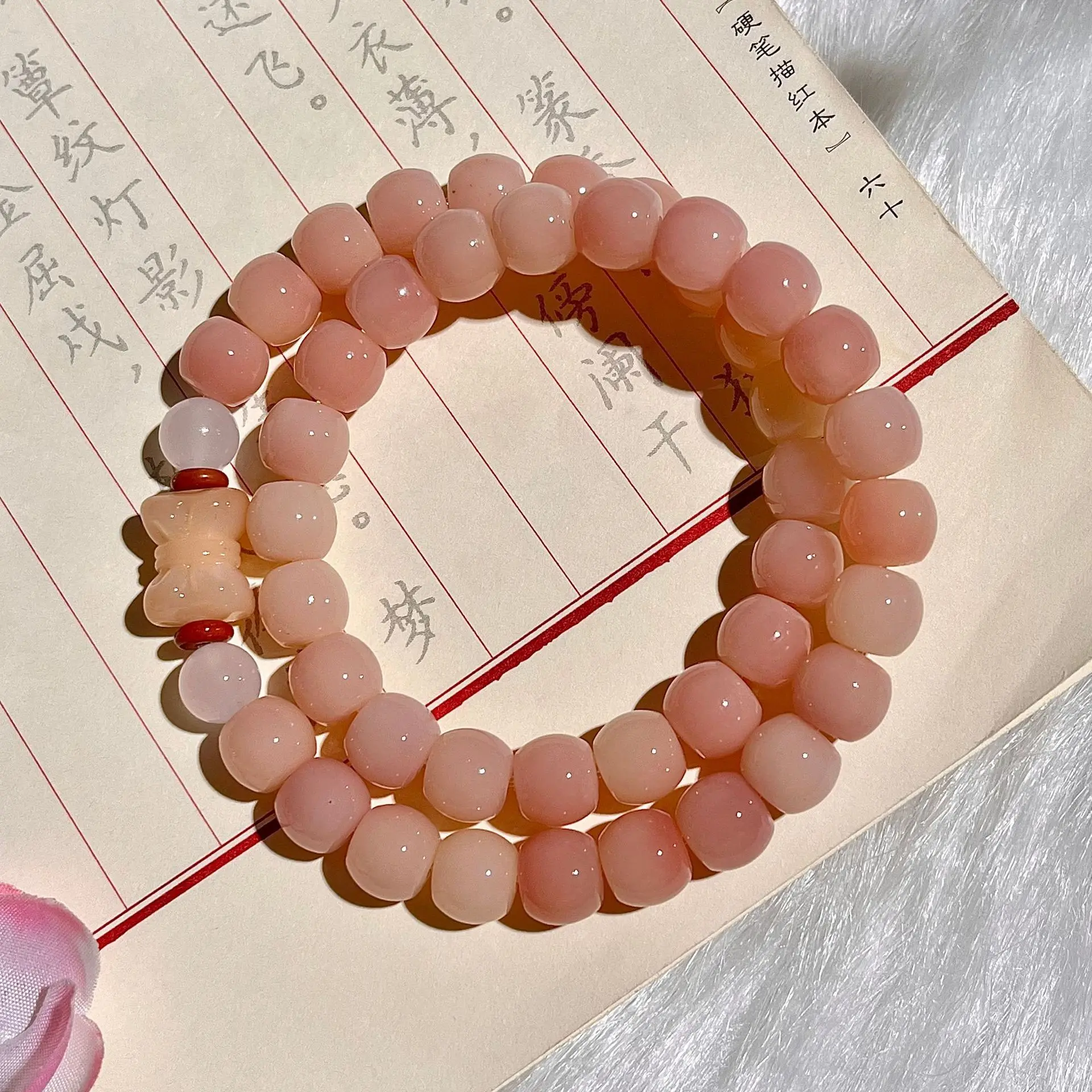 Peach Toast Pink Bodhi Root Double Circle For Girls Cultural Play Buddha Prayer Beads Handheld Bracelet