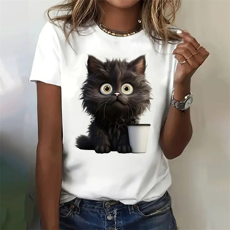 Cat Black Pattern T-Shirt For Women Funny Animal 3D Print T Shirts Summer Oversized Tees Short Sleeves Crew Neck Tops Streetwear