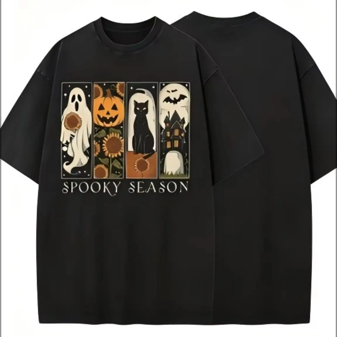 Spooky Season Halloween Graphic T‑Shirt, Ghost Pumpkin Black Cat Haunted House Art Print Tee, Casual Short Sleeve Top