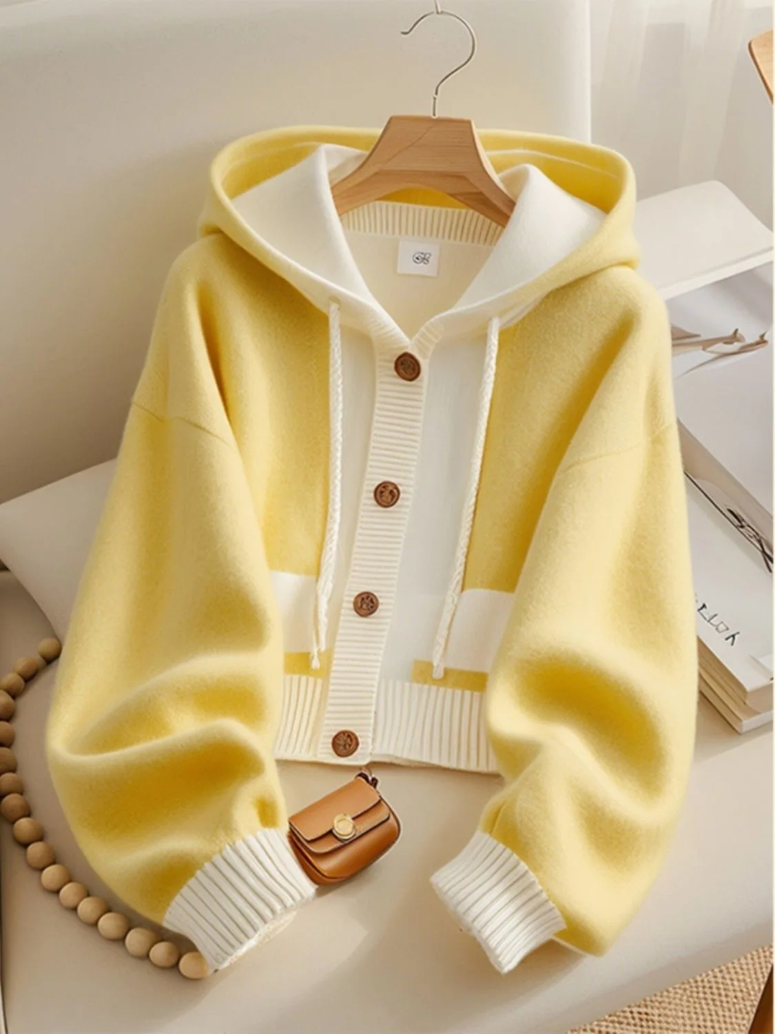 High Quality Korean Pink Patchwork Hooded Sweater Women Soft Wool Cashmere Cardigan Sweet Button Knitted Jacket Autumn Winter