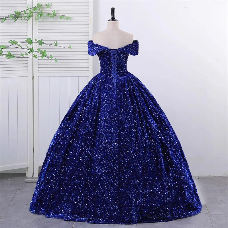 Real Photo Elegant Off Shoulder Sequined Blue Quinceanera Dresses Sexy V Nedck For Party Prom Dress Ball Gown Vintage Plus Szie