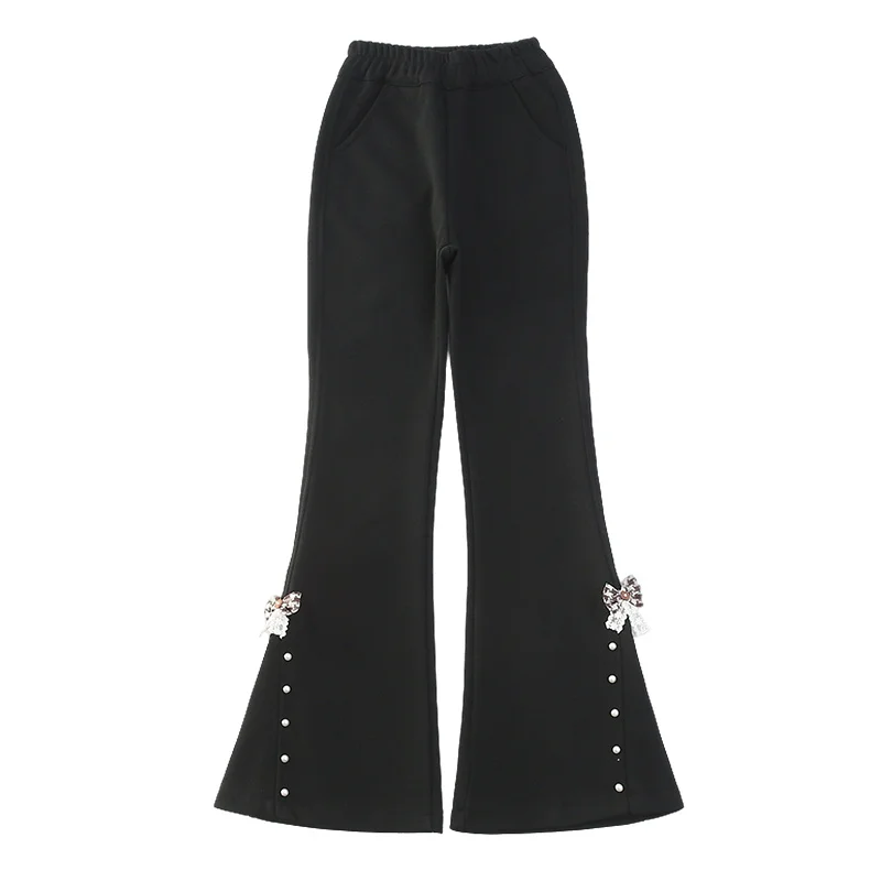 Kids Flare Pants with Bows For Girl Casual Style Children Bell Boot Cut Trousers Fashion Design Grey Black Color Sweatpants 5-14