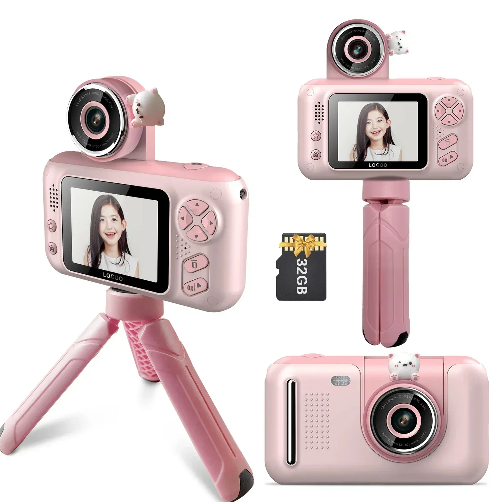 

Screen 180° Rotatable Lens with Neck Strap 1080P Kids Digital 32G Card Tripod Birthday Christmas Gift Camera 40MP 2.4 Inch IPS