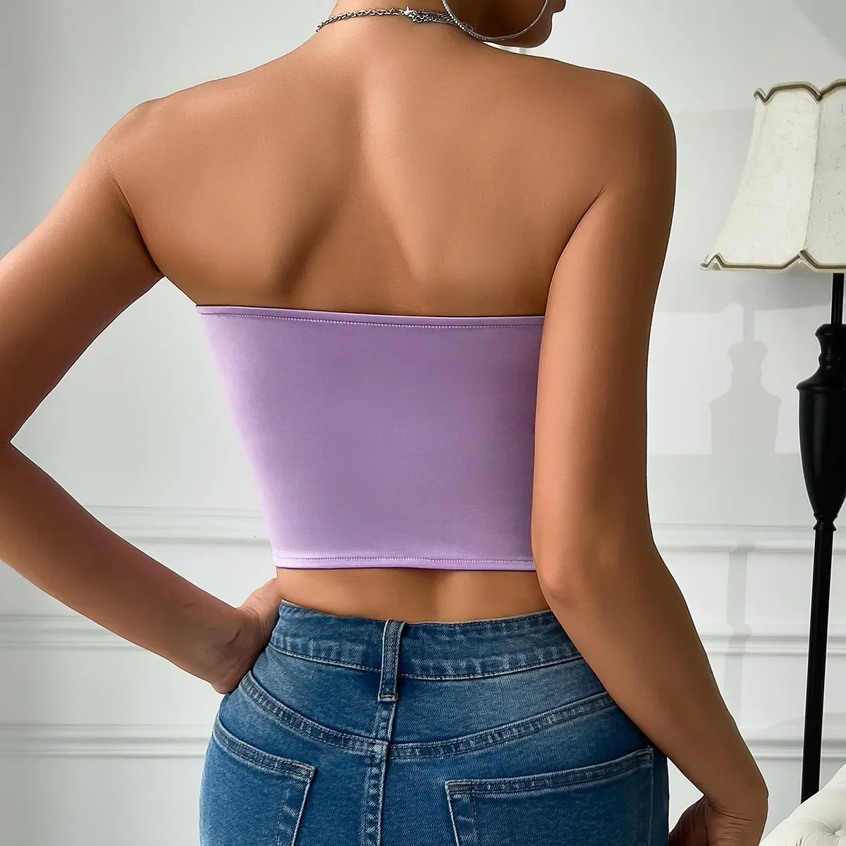 ISAROSE Purple Corset for Women Sexy Satin Fabric Sleeveless Stretch 3D Butterfly Rhombus Party Night Club Braless Crop Tops