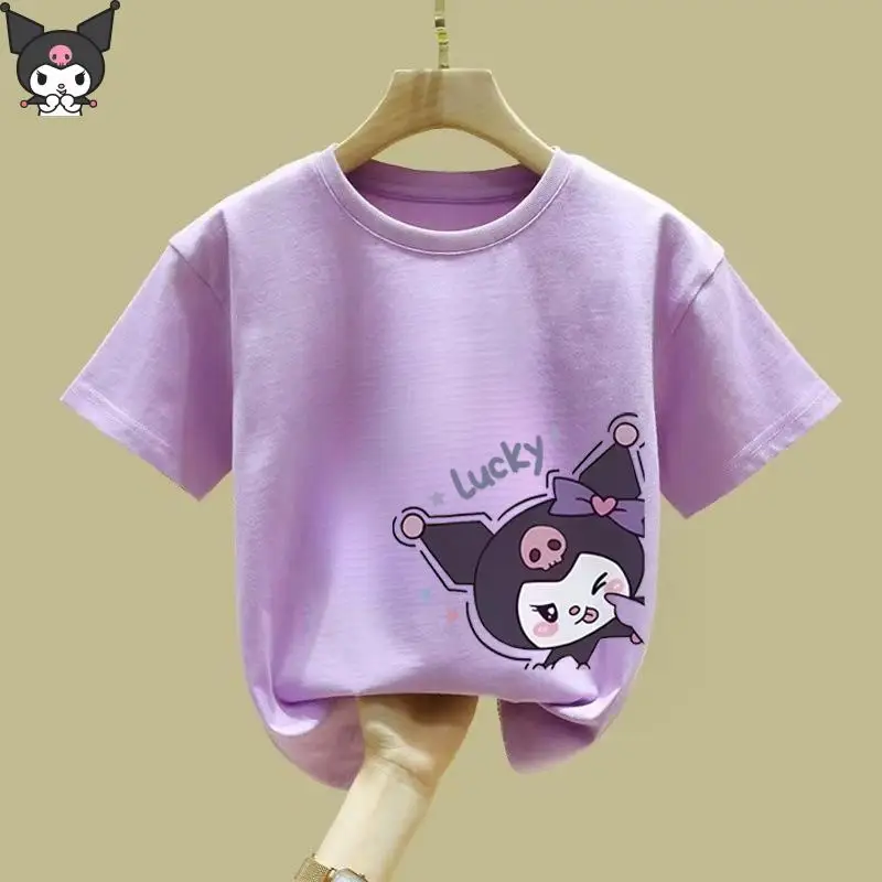 

Kuromi Anime Girls Short Sleeve Cartoon Kawaii Sanriot Shirt Summer New Fashion Medium Large Children's Versatile Sweet Casual