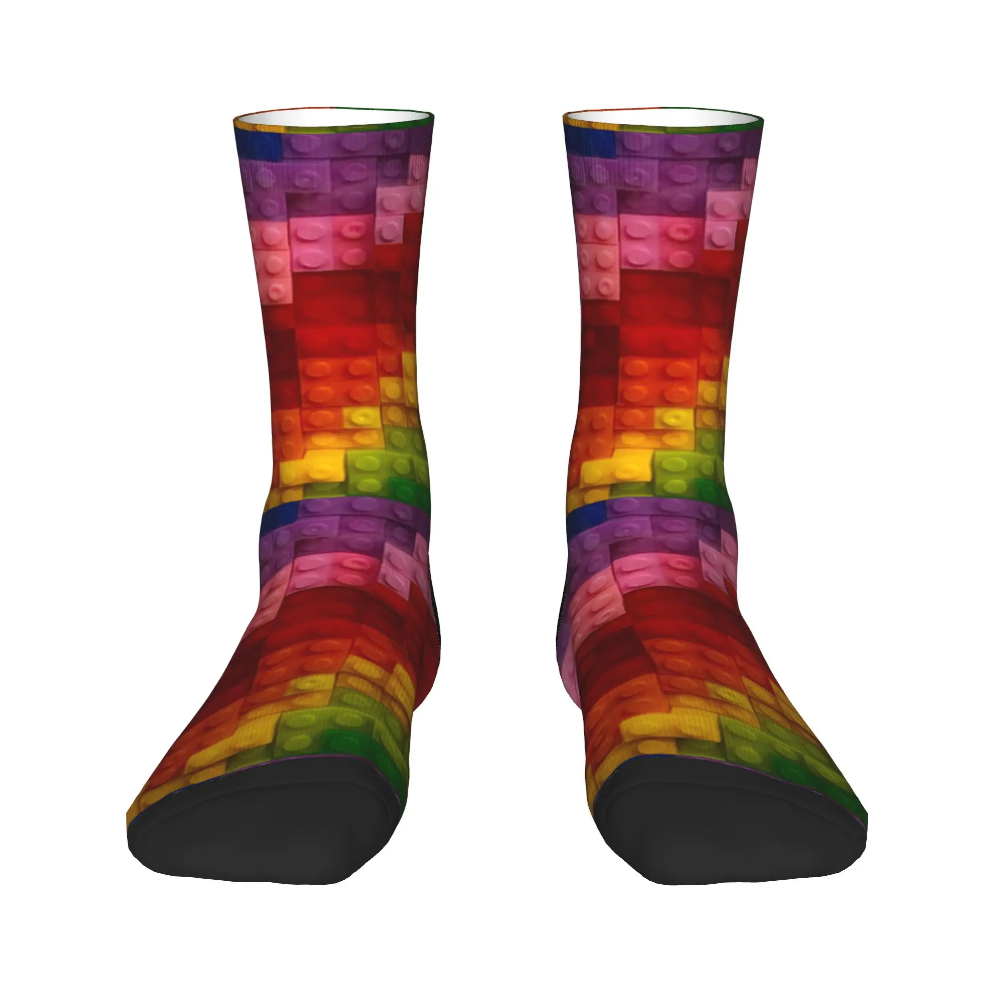 Building Block Style Rainbow Colours Stockings Print Gothic Socks Autumn Non Skid Socks Unisex Men Skateboard Comfortable Socks