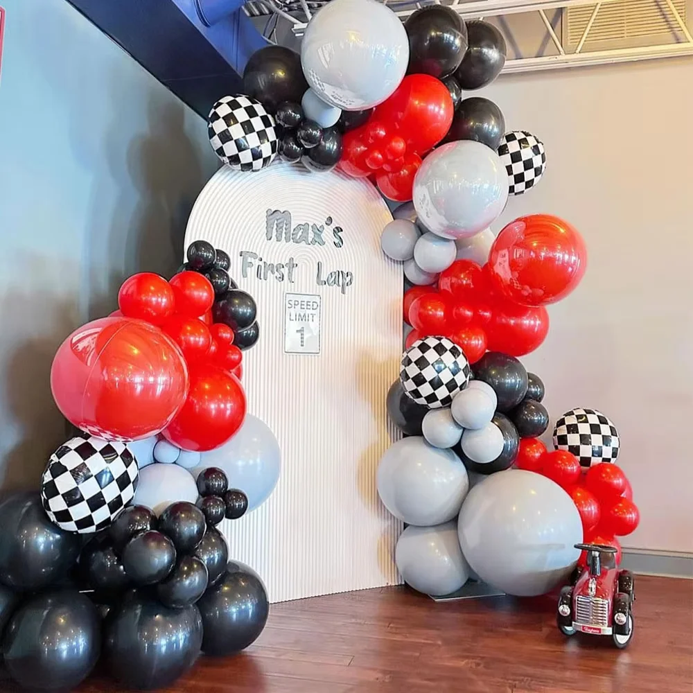 112pcs Racing Car Theme Balloon Garland Arch Kit Checkered aluminum film balloon Foil Globos Kids 1st Birthday Boy Baby Shower