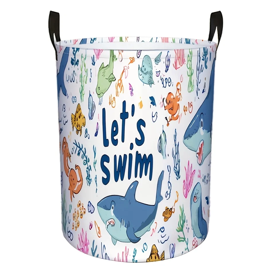1pc Underwater World Shark-print Laundry Basket and Storage Basket Handle-equipped Round Storage Basket