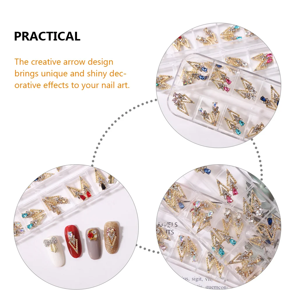 아크릴 손톱용 합금 화살표 장식, 네일 쥬얼리, 박스 참, 장식 라인석, 3D 매니큐어 미스, 24 개