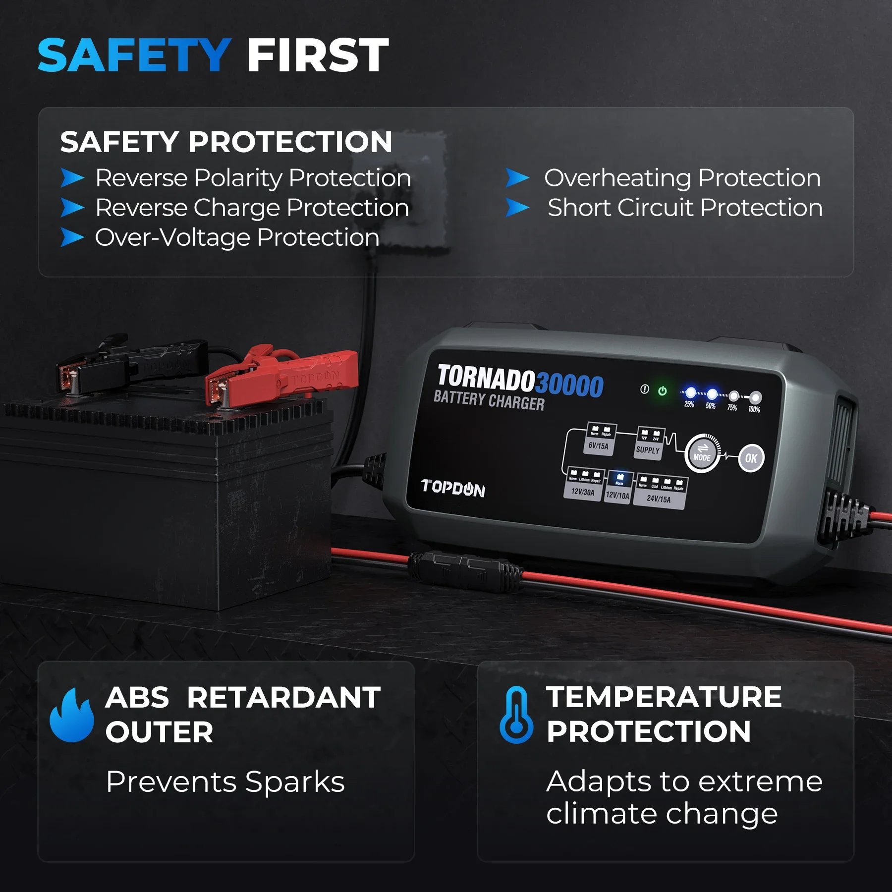 

2026 Portable Smart Heavy Duty TOPDON T30A 12v 24v Lead Acid Lithium Automatic Auto 12 V Battery Charger Power Bank Module For C